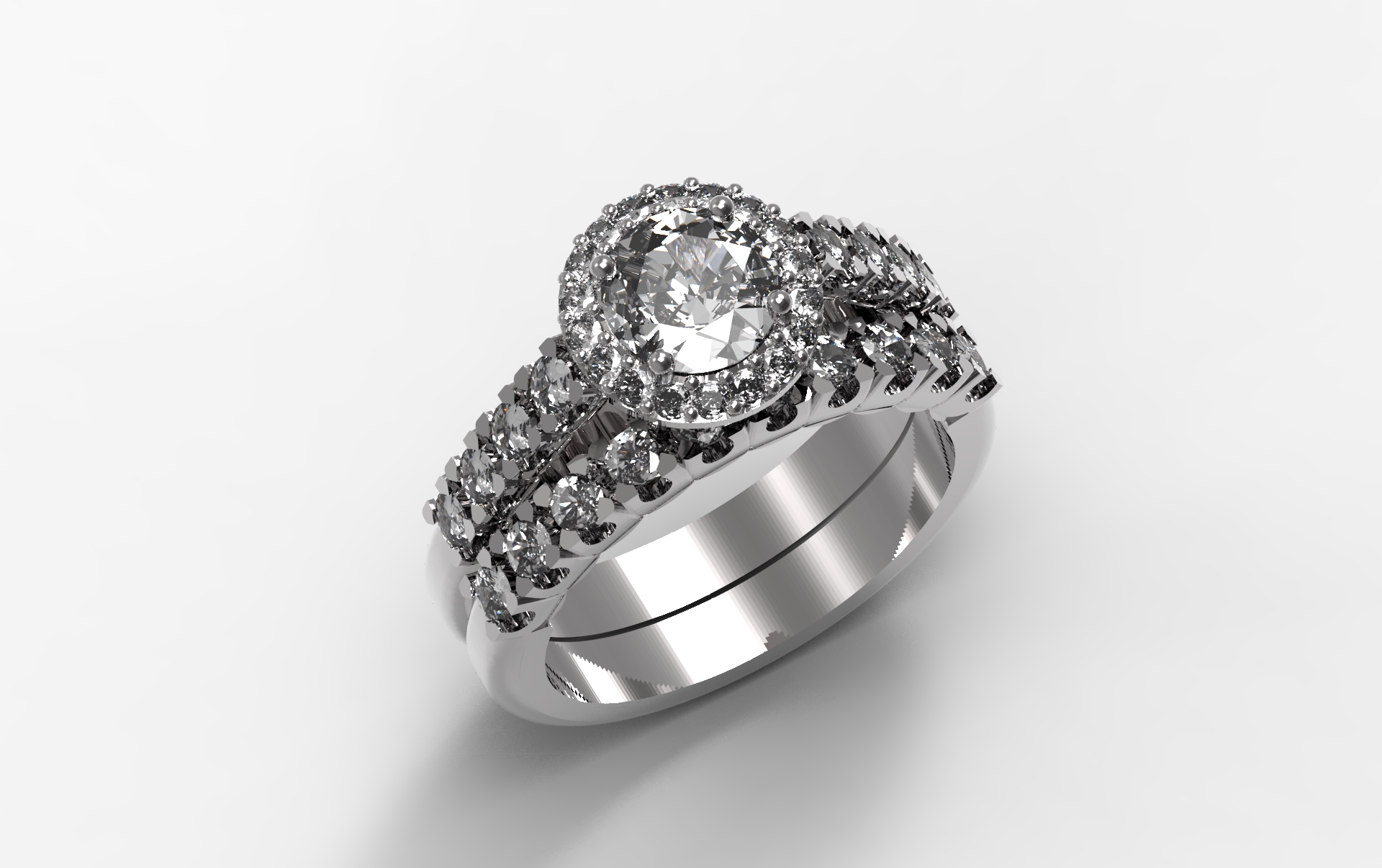 Custom Engagement Ring with Brilliant Round Center Diamond and Round Diamond Stones and matching Diamond Wedding Band