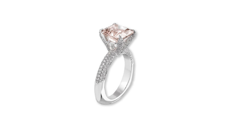 Custom Diamond Enagement Ring with Pink Center Princess Cut Diamond and Pave Style Accent Stones Custom Diamond Enagement Ring with Pink Center Princess Cut Diamond and Pave Style Accent Stones